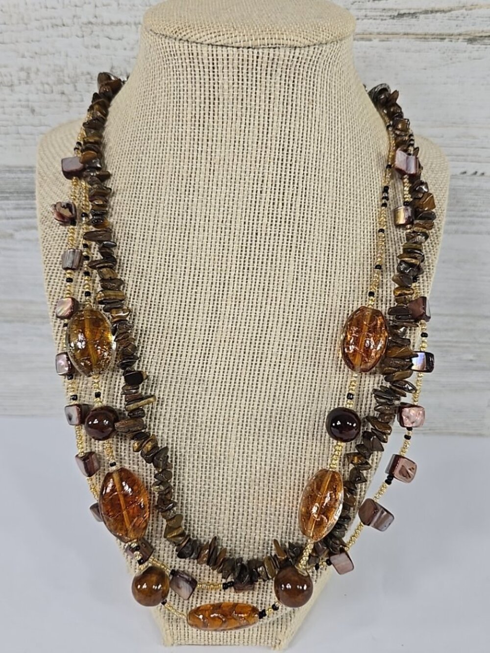 Multi Strand Tiger’s Eye Beaded Necklace Brown Shell Amber Glass 22" Silver Tone